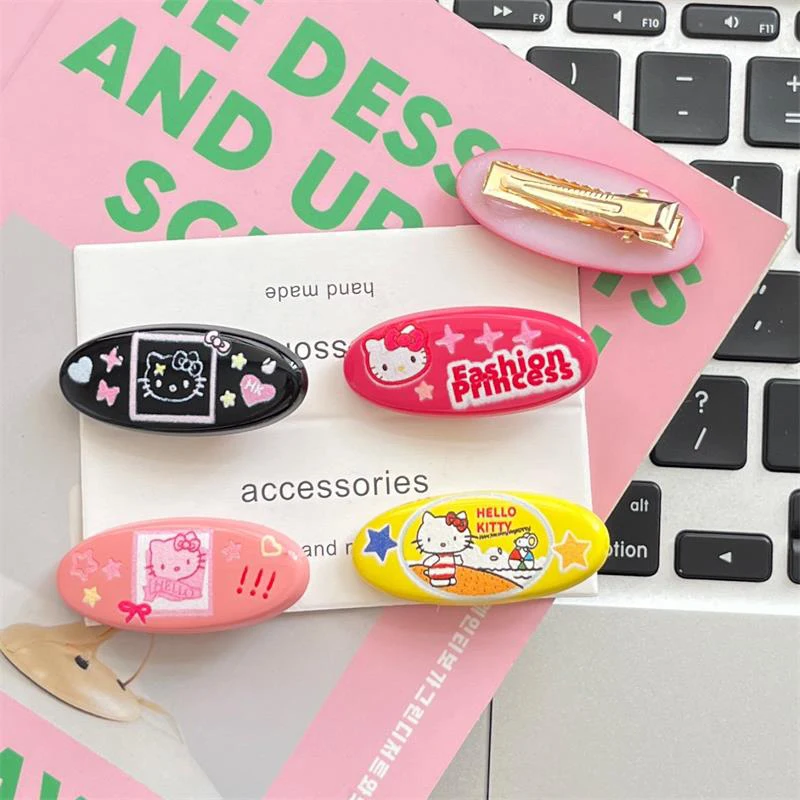 2PCS/Bag Cute Sweet Hello Kitty Oval Duckbill Clips Fashion Hair Clips Retro Y2K Headwear KT Cat Hair Accessories Birthday Gifts