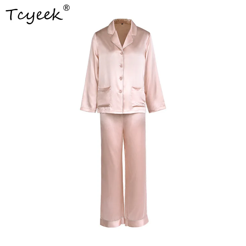 

Tcyeek 22MM 100%Mulberry Silk Pajama Set Long Sleeve Lapel Solid Breathable Comfortable Sexy Loungewear Autumn New S30632QM