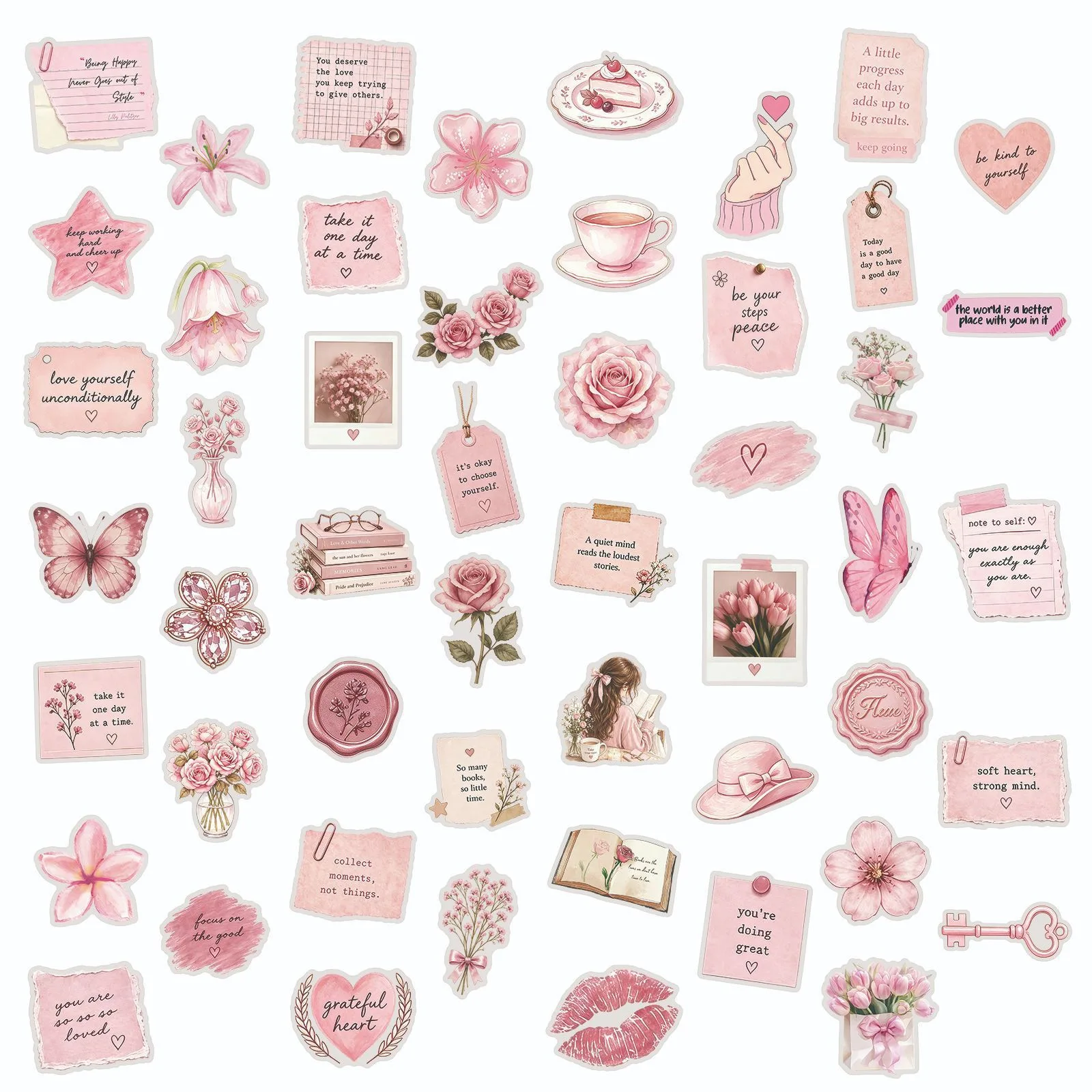 50 Stück transparente, vintage-rosa, inspirierende Aufkleber, ästhetisch, DIY, Scrapbooking, Handyhülle, Kawaii, Mädchen, Dekoration, Aufkleber, Spielzeug – Detail 5