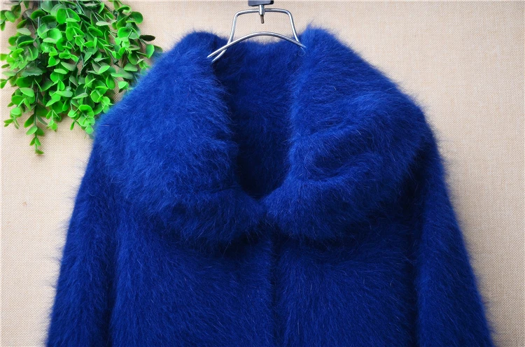 Female Women Fall Winter Clothing Blue Hairy Mink Cashmere Knitted Long Sleeves Turn-Down Neck Loose Cardigans Sweater Jacket