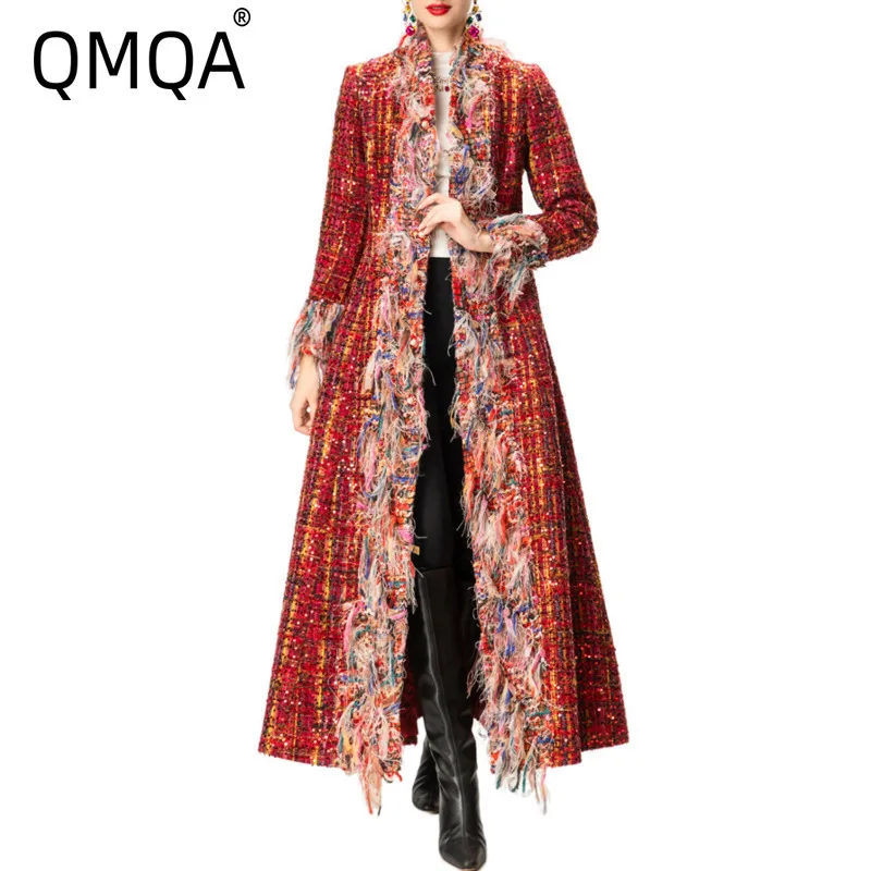 

QMQA Fashion Women's Winter Elegant Tweed Coat Beaded Stand Collar Long Sleeve Sequin Colorful Tassel Long Overcoat New QM908