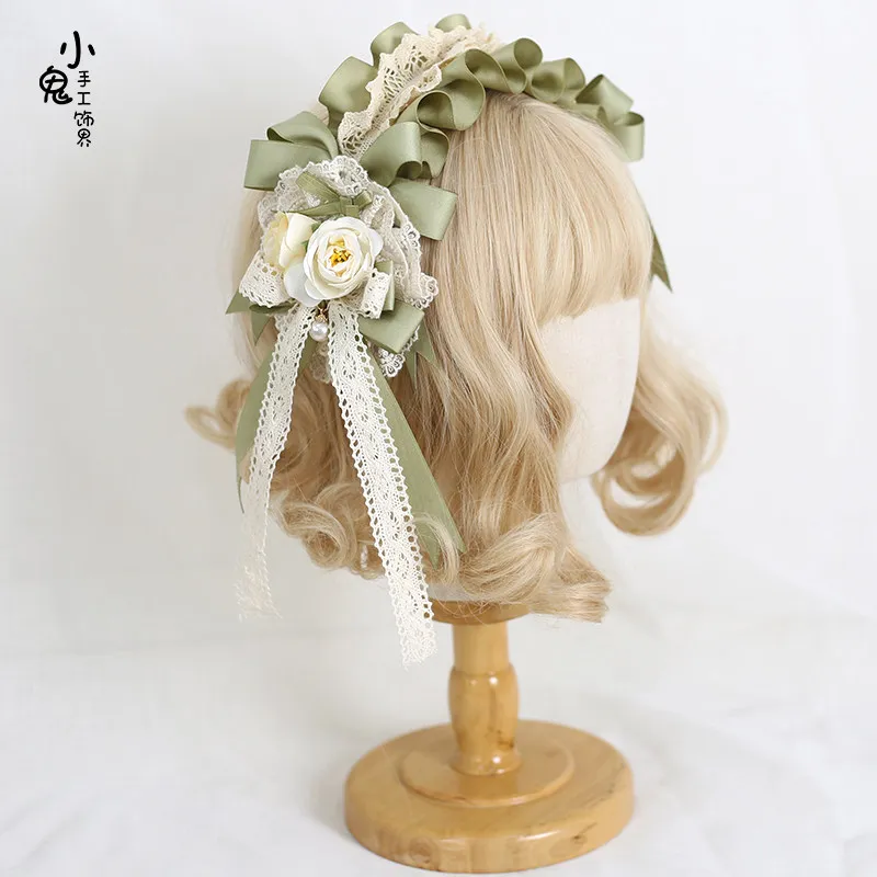 Meadow Green Lolita Mini Top Hat and Headband Set, Forest Country Kei Style Hair Clip Hair Accessories for Women Girls 3