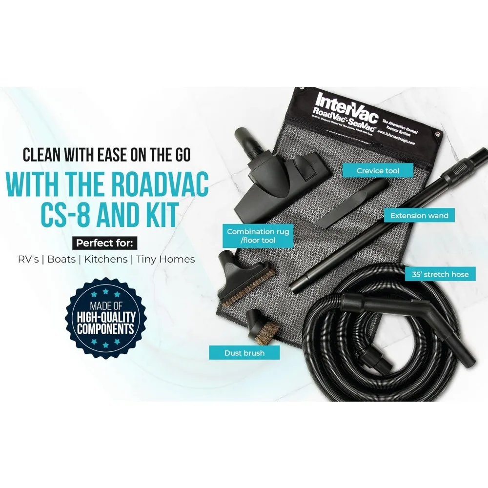 Sistema de vacío central – Unidad compacta de montaje en pared con manguera elástica de 35' y herramientas – Filtración tipo HEPA para vehículos recreativos, barcos y hogares pequeños