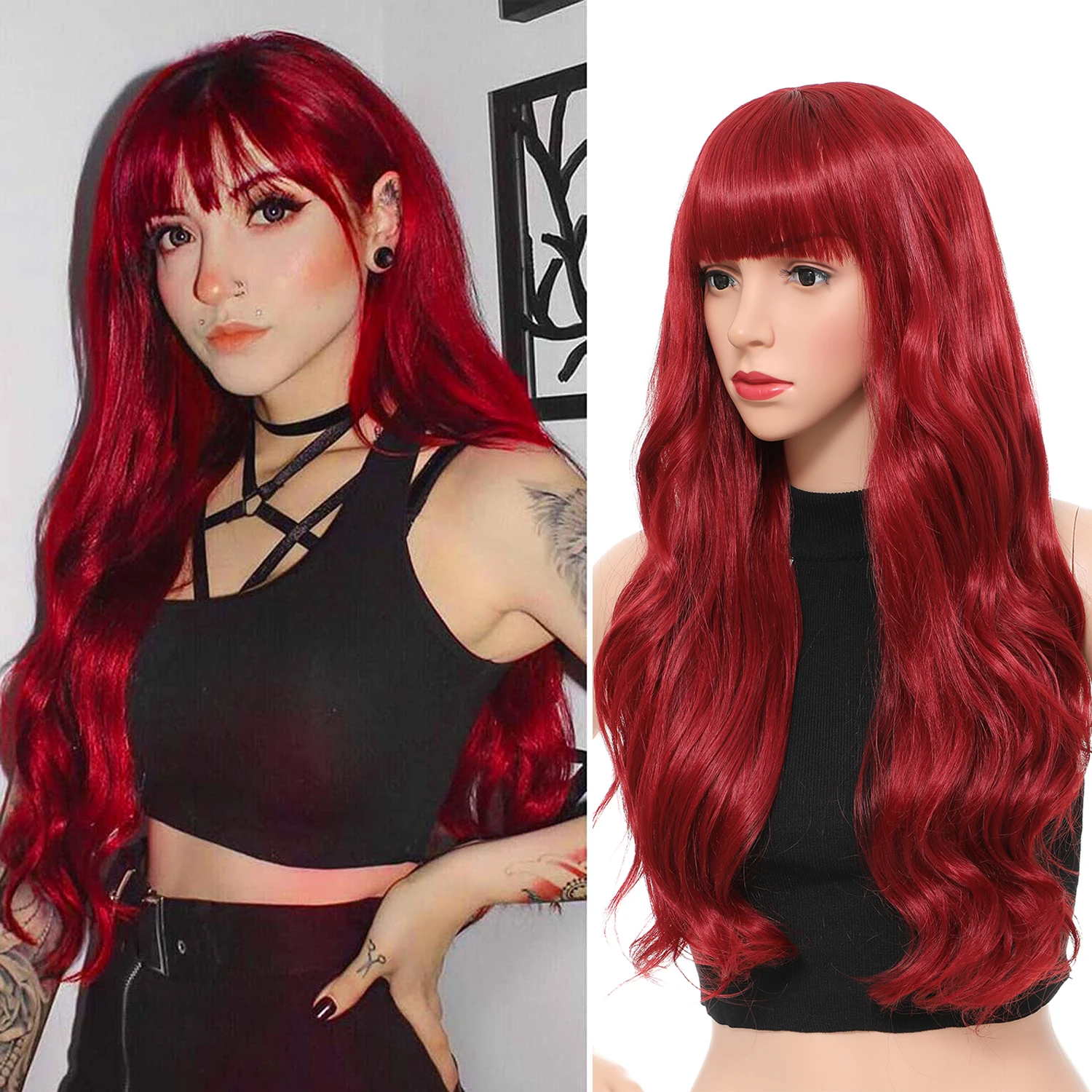 Aigemei Long Synthetic Body Wavy Wigs With Bang 28Inches Water Wave Curly Hair Style For Woman Red Color High Temperature Fiber