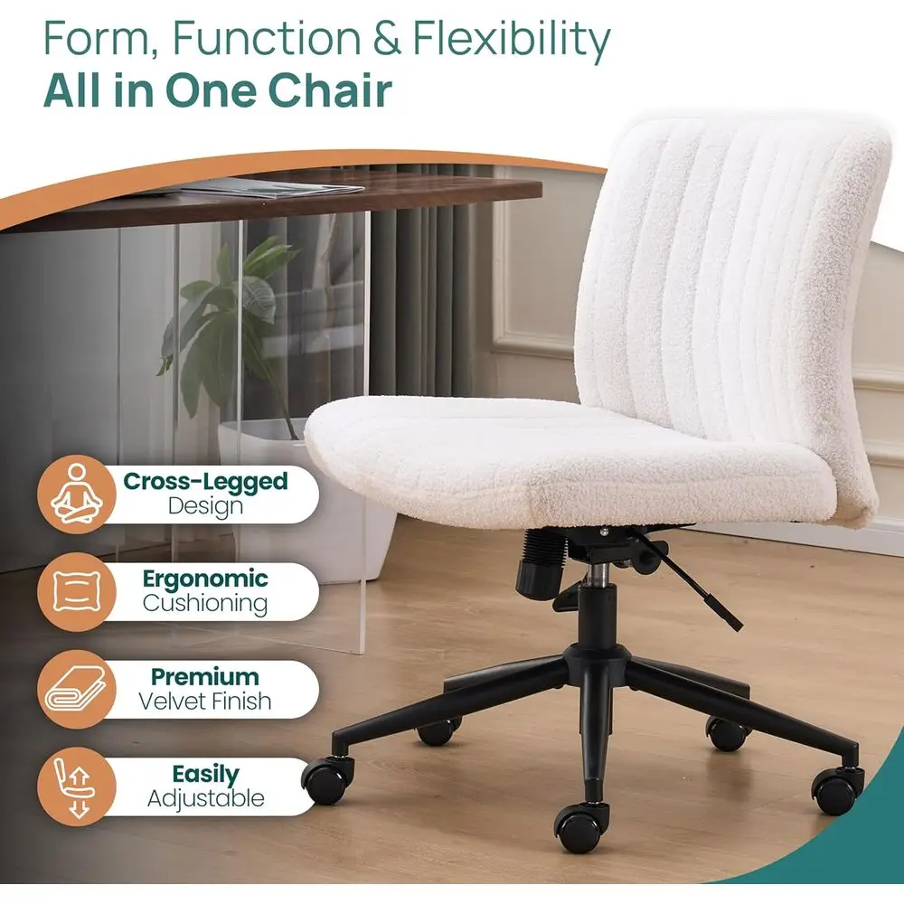 Wheeled Armless Desk Chair for Cross-Legged Sitting, 360° Swivel & 120° Rocking, White Sherpa Comfort