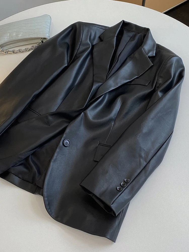 Veste en similicuir vintage High Street pour femme, manteau de motard moto adt décontracté, blazers à simple boutonnage, mode coréenne, vêtements d'extérieur pour femme