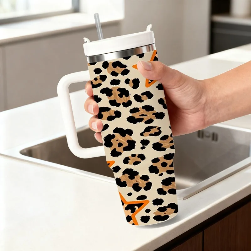 Playful Leopard Print Star Pattern 40Oz Stainless Steel Insulated Tumbler, Beige Base with Black Brown Spots And Orange Bordered Star Motifs, Digital Printed Beverage Holder for Daily Drinks, Road Trips And Office Use