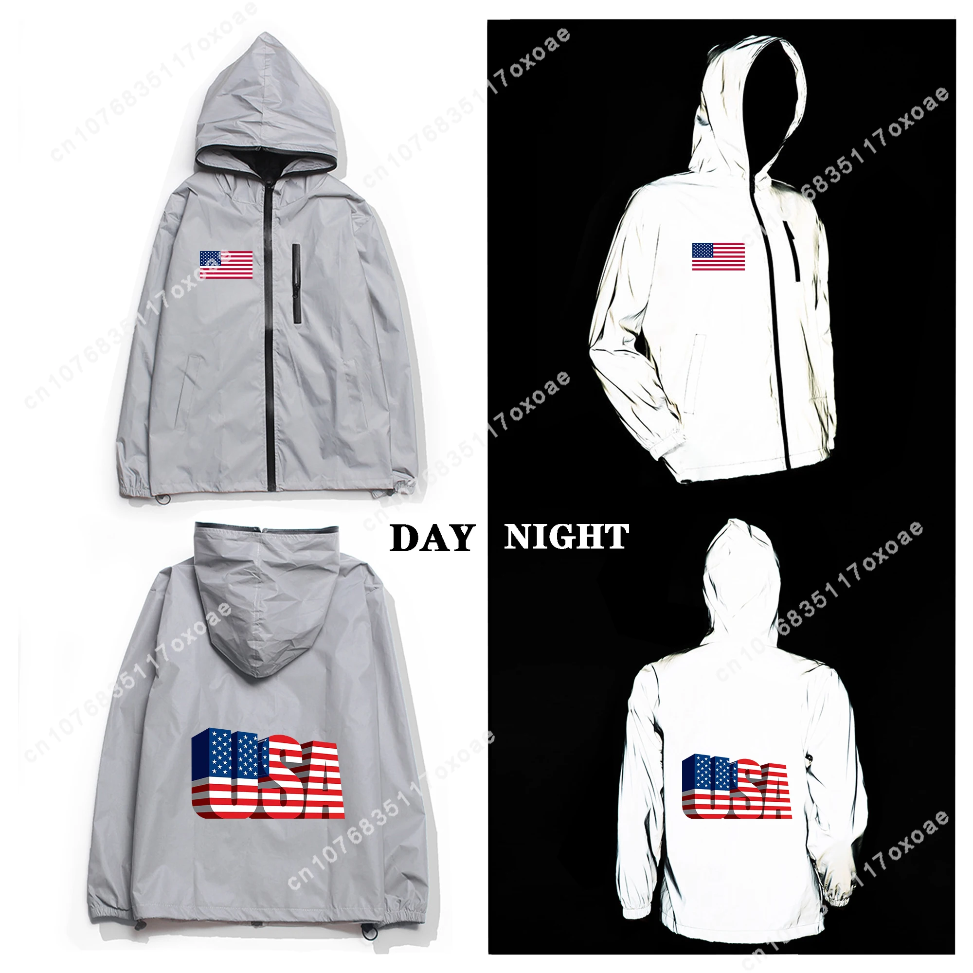 

USA flag Reflective Jacket Mens Womens Coat Hooded Windbreaker Pocket Jackets Anime Cartoon Manga Customization Hoodie