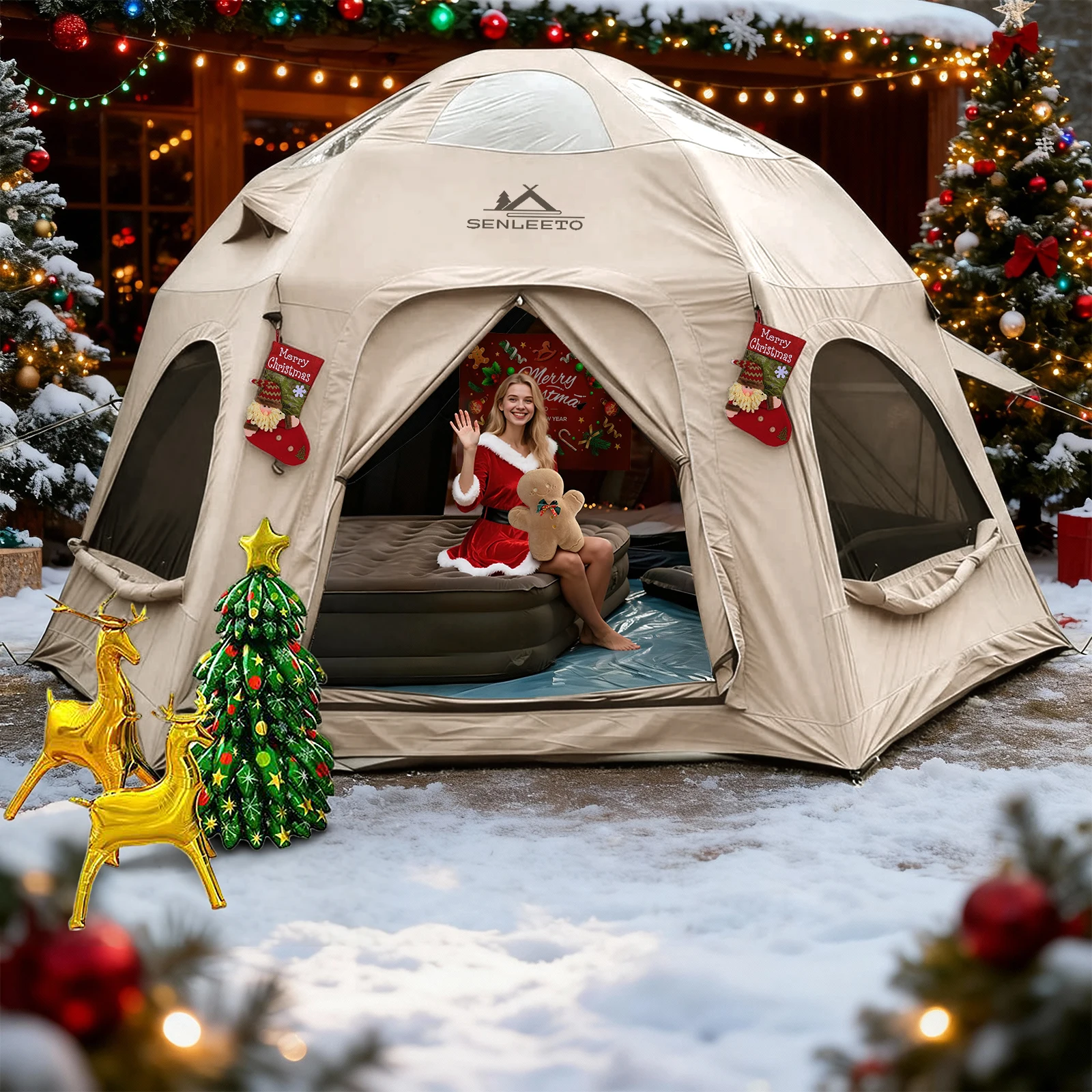 

142 SqFt2 Купольные надувные палатки для кемпинга для семьи, 4-сезонная палатка Oxford Glamping с навесом, отверстием для дымохода, вентиляционное отверстие переменного тока