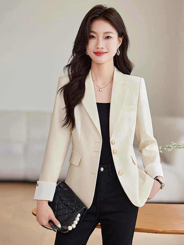 

Elegant Beige Women's Suit Jacket Commute Fashion Korean Style Spring New Arrival Professional Lady's Small Tailored Suit