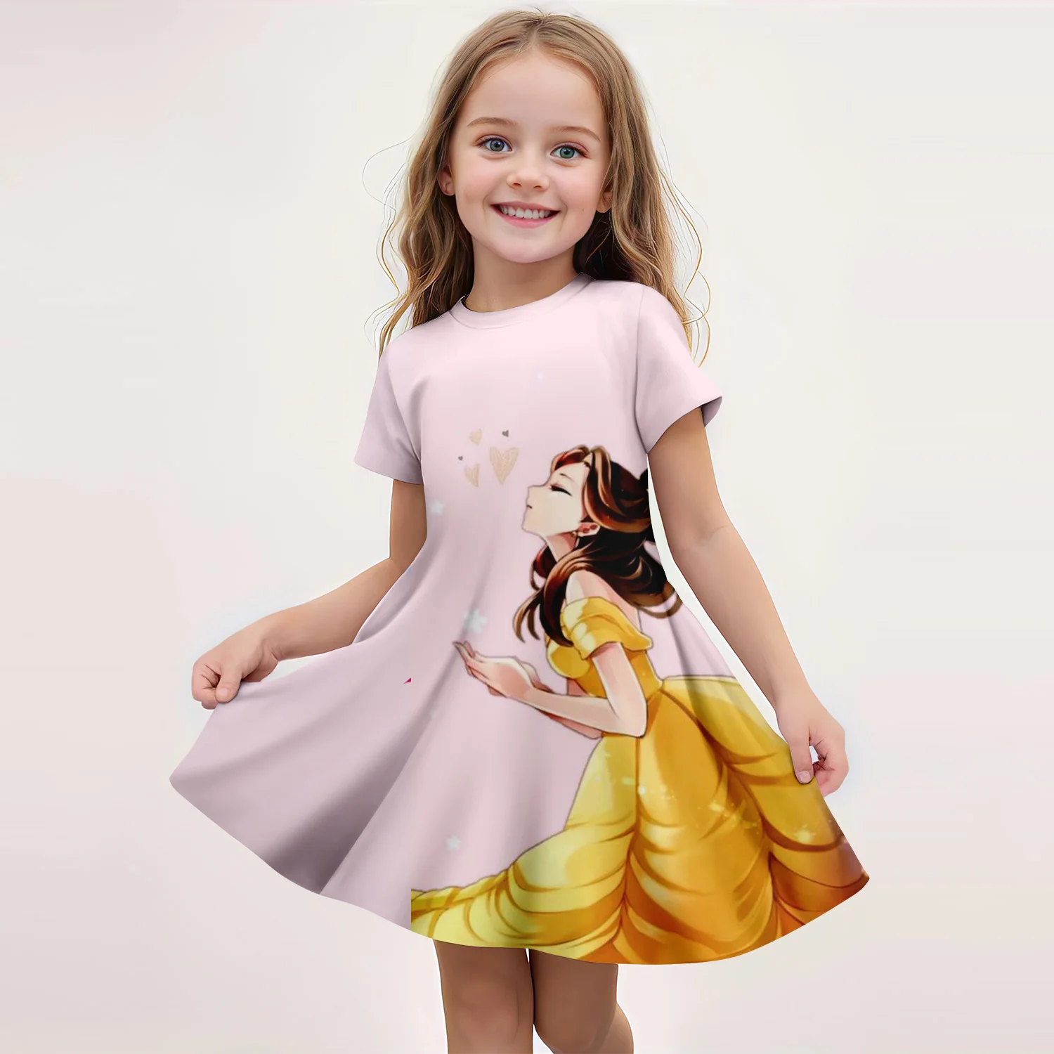 MINISO Summer Children's New Fashion Girl Dress Comfortable Cartoon Cute Disney Dress 3D Print Belle Princess Short Sleeved