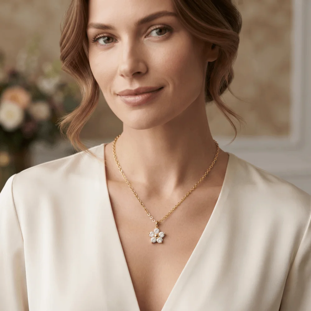 Hypoallergenic Blossom Pendant Necklace Tarnish Resistant 18K Gold Plated Flower Pendant Necklace Multicolour Cubic Zirconia