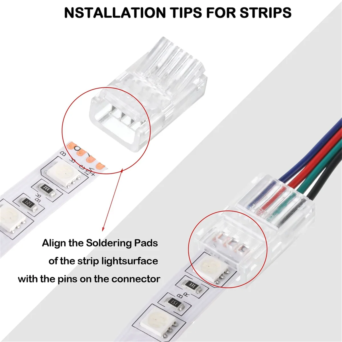 Conectores de tira de luz LED 20 conectores adaptadores de LED à prova d'água conectores de tira de luz LED sem solda 4 pinos 10mm