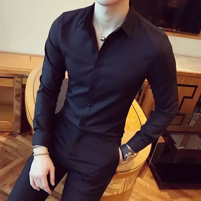 6 Colors 2022 Boutique Fashion Solid Color Men's Formal Slim Business Long Sleeve Shirts Groom Wedding Party Male Shirts