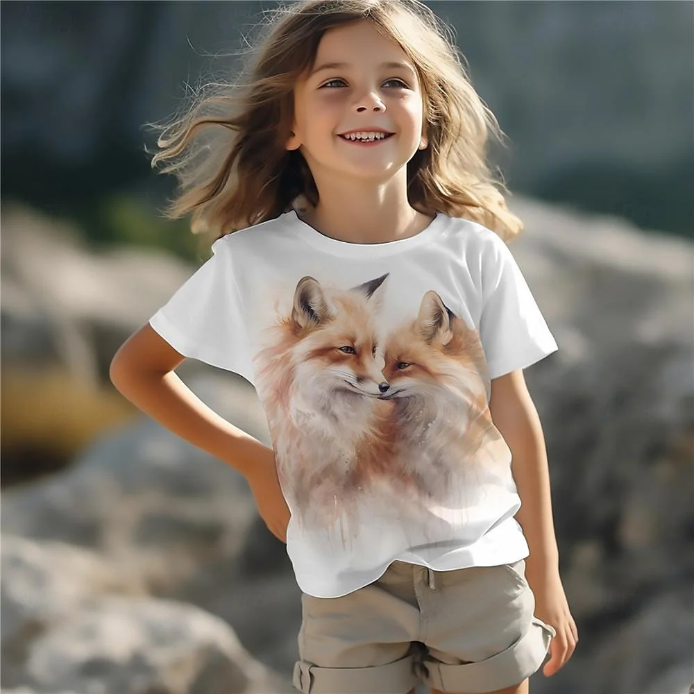 

Animal Fox Print Baby Girl T-Shirt Summer Casual Short Sleeve Girls' T-Shirt Cool 3d Printed Fun Children's Clothing Top Tee