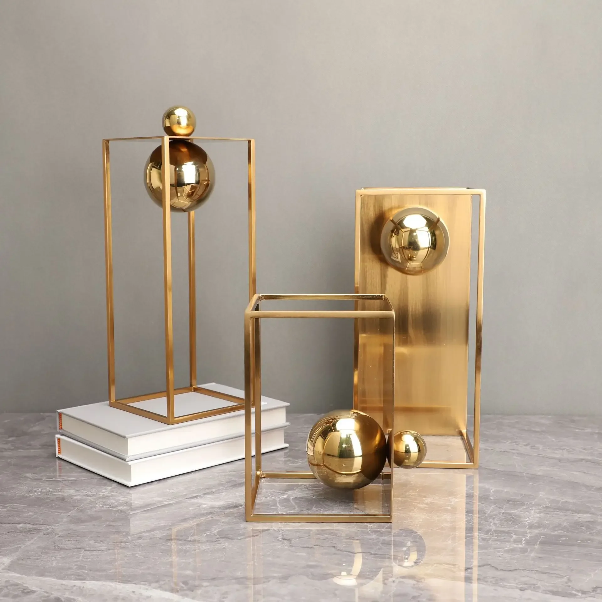 Metal Crafts Geometric Boxes Gold Frame Spherical Abstract Sculpture Metal Decorative Figurines Home Decoration Accessories