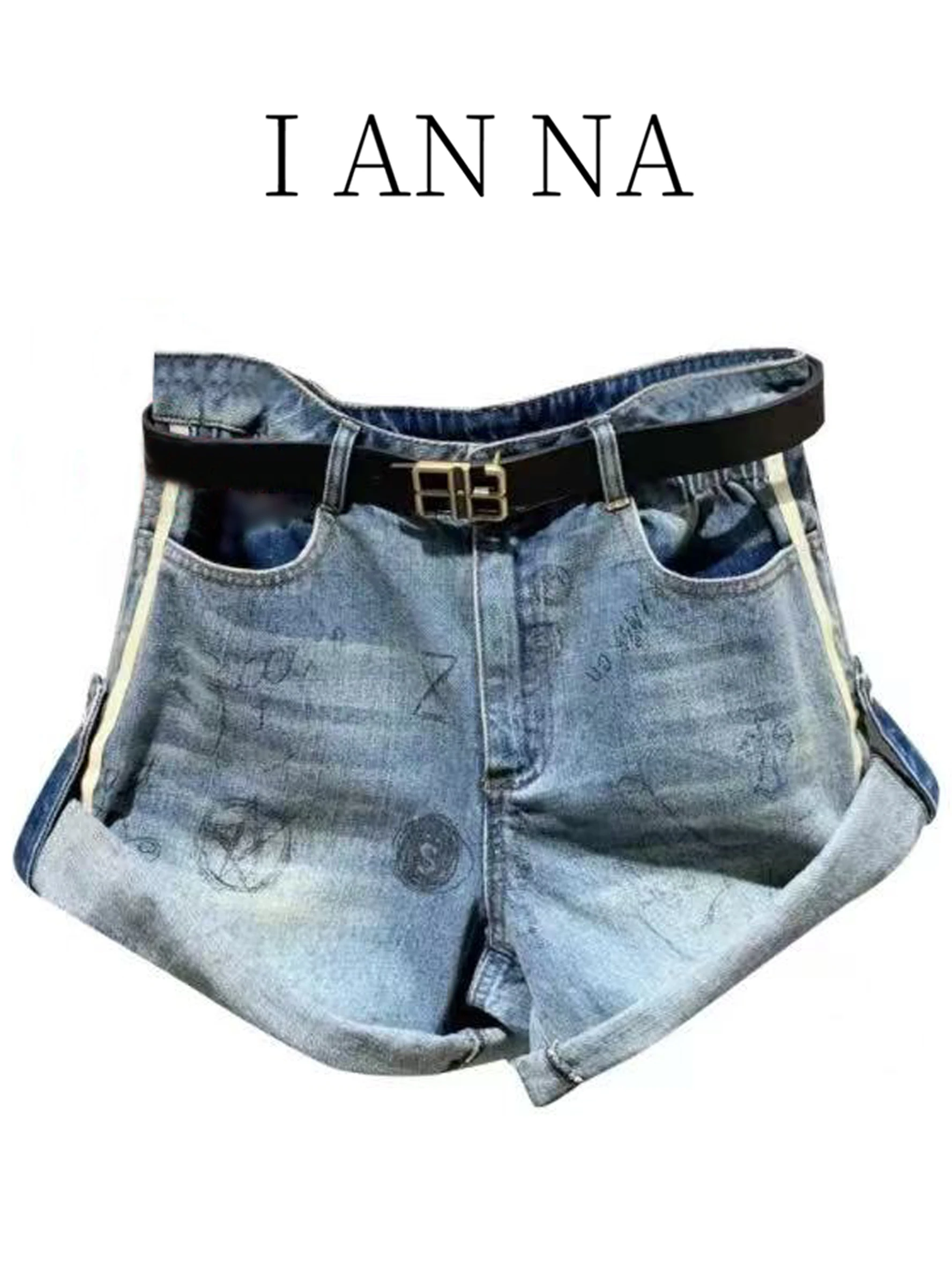 Retro Graffiti Print High Waist Wide Leg Denim Jeans Women's Summer New Small Size Cuffed Casual Shorts Fashionable Ladies