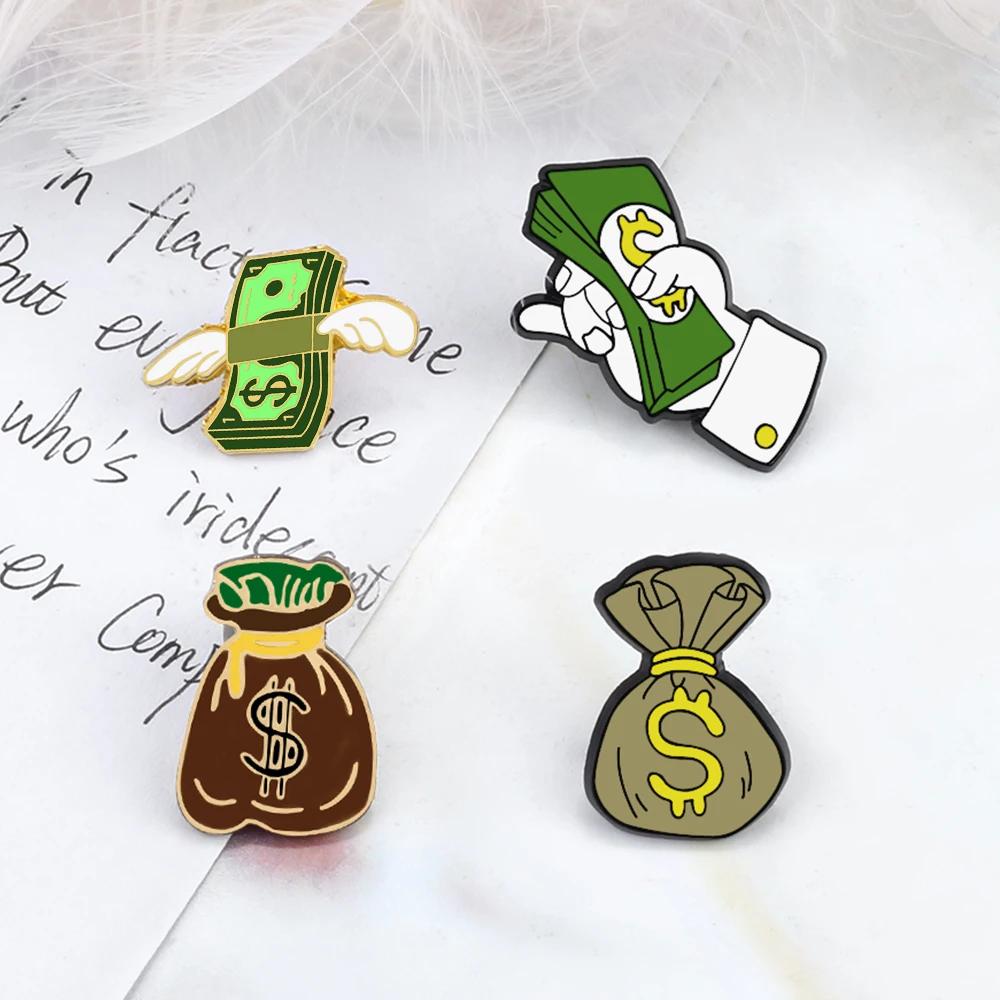 Wealth Temptation!Unique Dollar Banknote Enamel Pin Creative Money with Angel Wings Badge Cash Hold in Hand Gold Coin Bag Brooch