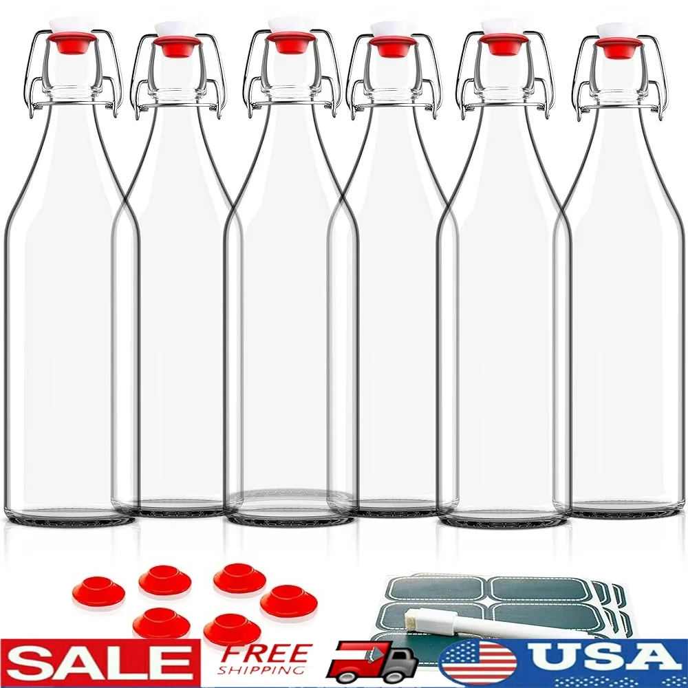 

Swing Top Glass Bottles Set of 6 Dishwasher Safe with Labels Marker Leakproof Cap Perfect Kombucha Juice Beer Milk Brewing