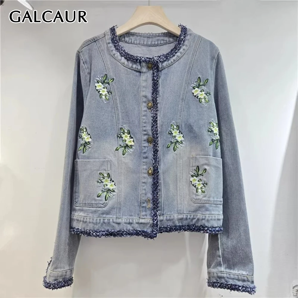 

GALCAUR Lightblue Spliced Embroidery Basics Jacket Female O Neck Long Sleeve Loose Casual Women's Jackets Fashion Summer Style