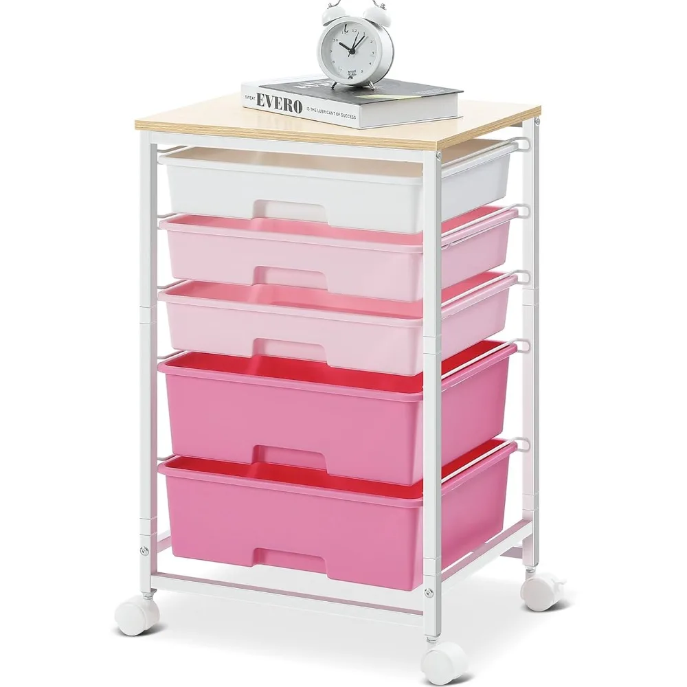 

Utility Cart with 5 Drawers,Storage Drawer Cart with Wooden Tabletop and Lockable Wheels,Craft Storage Trolley Cart,5-Tier Rolli