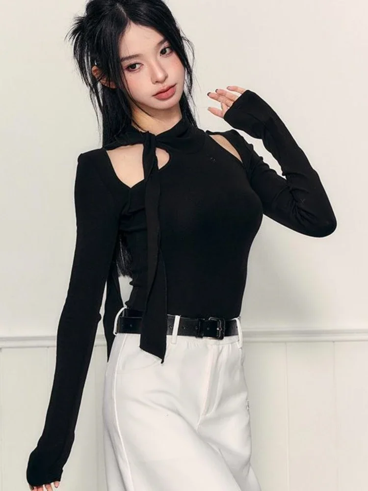 Korean Elegant Sweet Bow Long Sleeve Tshirt Women Fairy Y2k Solid Bottoming T-shirt Japanese All Match Slim Chic Hollow Out Tees