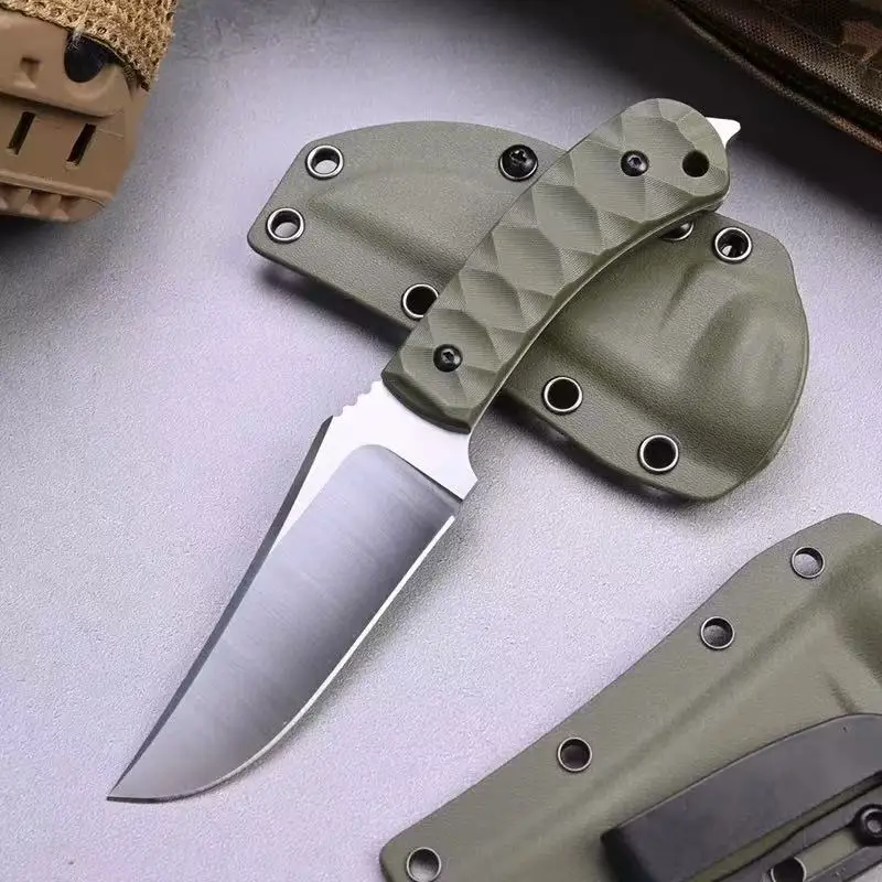 G10 Fiber Handle Outdoor Small Straight Knife, D2 Steel Green Back Clip K Sheath Portable Outdoor Survival Knife