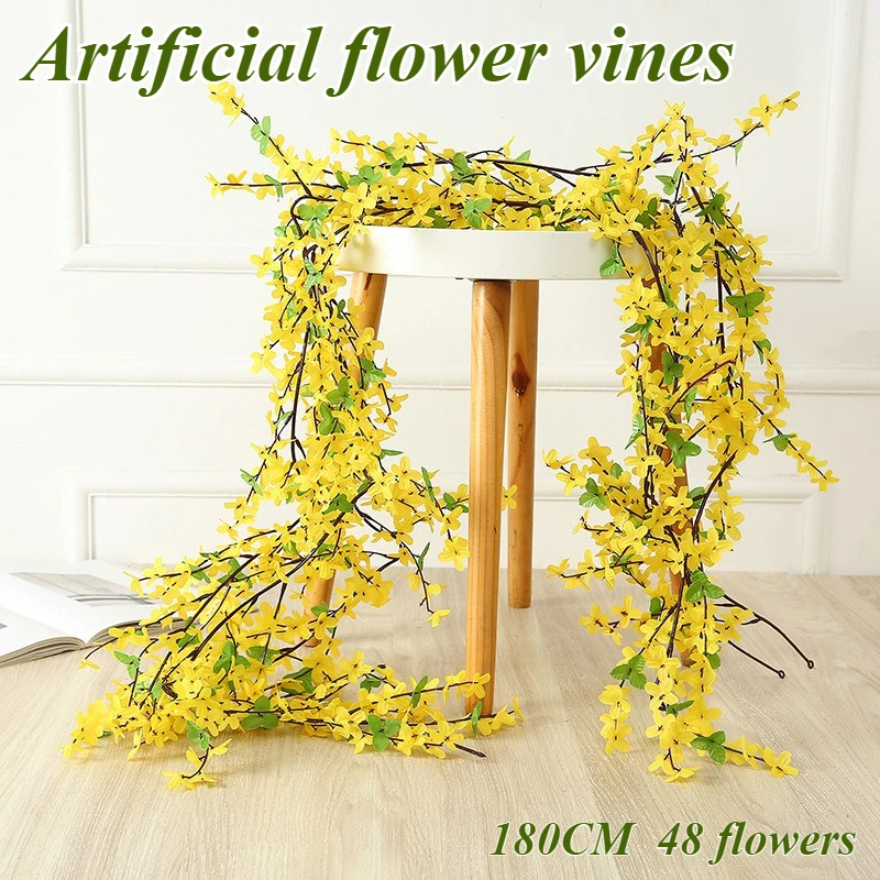 

180cm Artificial Yellow Flower Vine Fake Flower DIY Wedding Garden Hotel Home Ceiling Hanging Wall Decoration Fake Plants Rattan