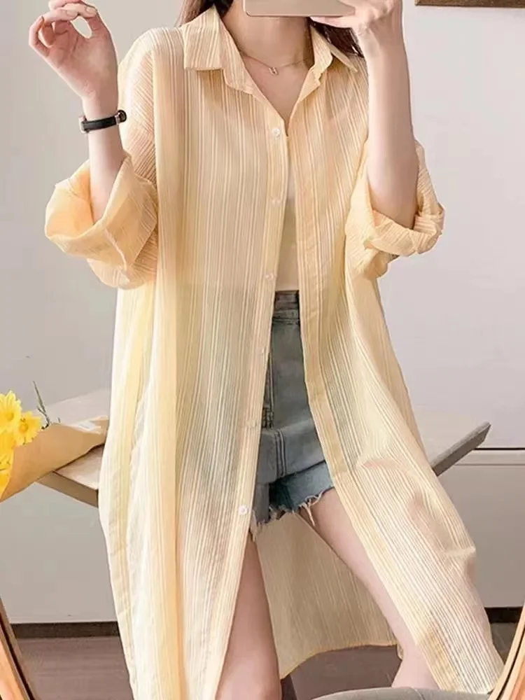 Zomer high-end een chiffon dameszonbeschermingskleding met riemvest top Koreaanse sle-kraag lange Sve losse pasvorm