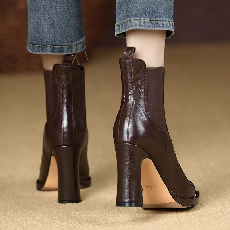 2024 Shoes Women Lace Up Genuine Leather High Heel Pumps Female Low Top Metal Pointed Toe Wedding Party Ankle Boots Casual Shoes