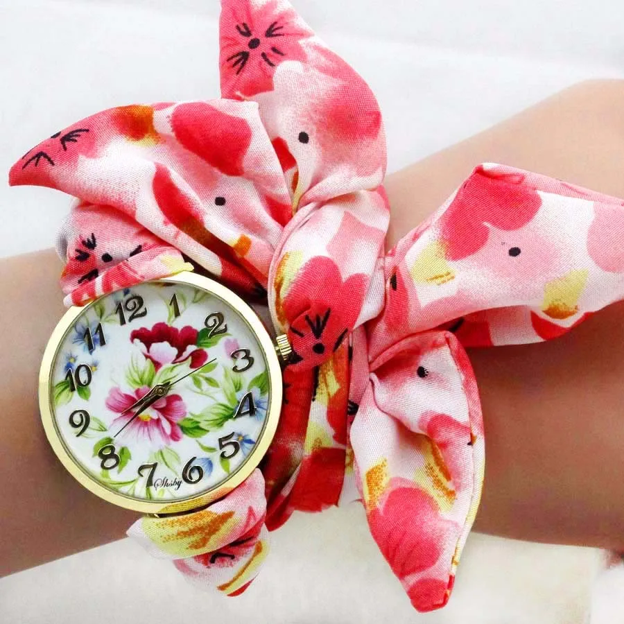 Shsby Ladies Butterfly Orchid Flower Cloth Wristwatch Fashion Women Dress Watch Silky Chiffon Fabric Watch Bracelet Watch