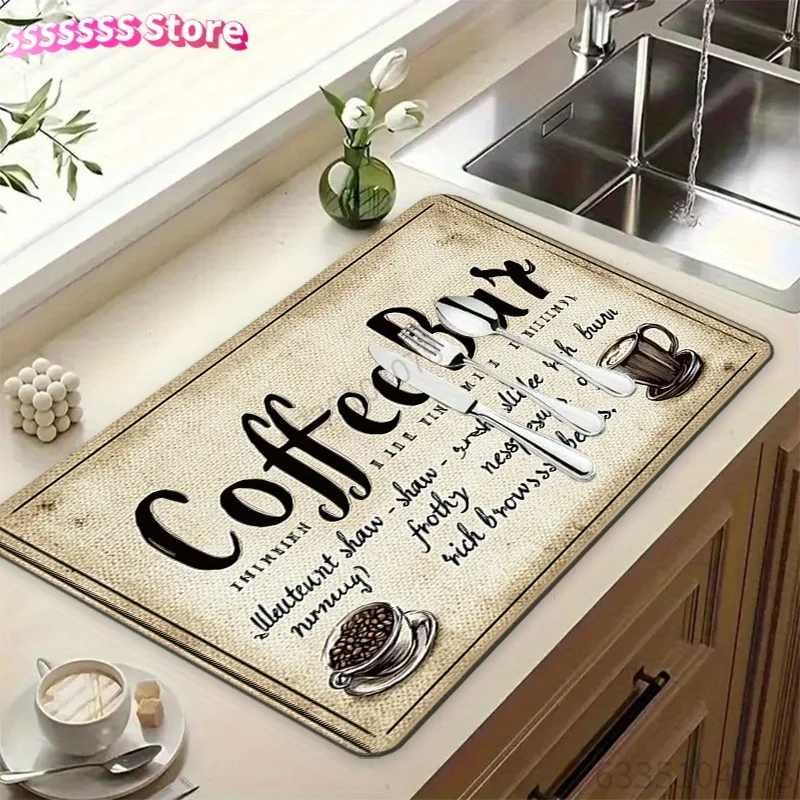 Vintage Kaffeebar-Trockenmatte - Rutschfeste, saugfähige Küchenarbeitsplattenmatte mit Kaffeetassen-Design, Retro-Café-Dekor für Kaffee-Stände