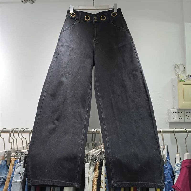 Europe Fashion Solid Color Casual Long Denim Pants All-match Hollow Metal Ring High Waist Floor-length Wide Leg Straight Jeans