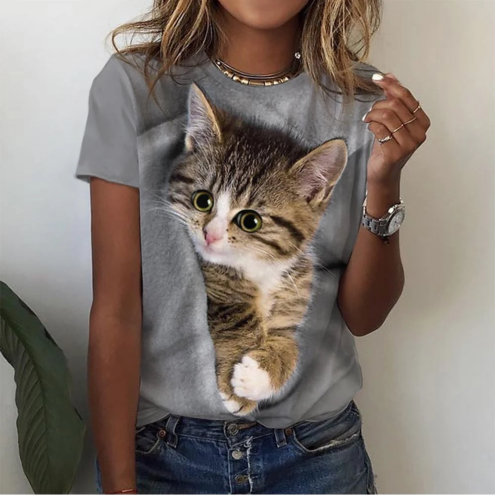 T-shirt manches courtes col rond femme, Streetwear, Harajuku Y2k, vêtements féminins, Kawaii Cat, impression 3D