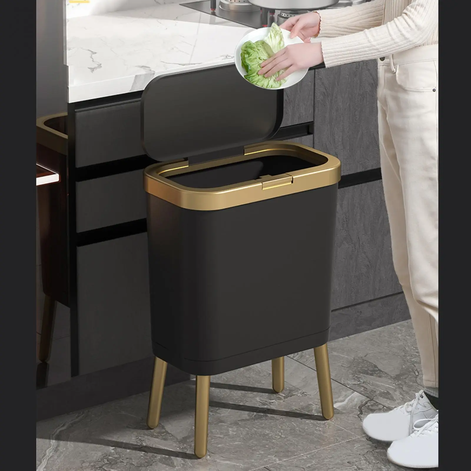 Trash Can 15L Press Large Capacity Garbage Bin for Bedroom Bathroom Kitchen