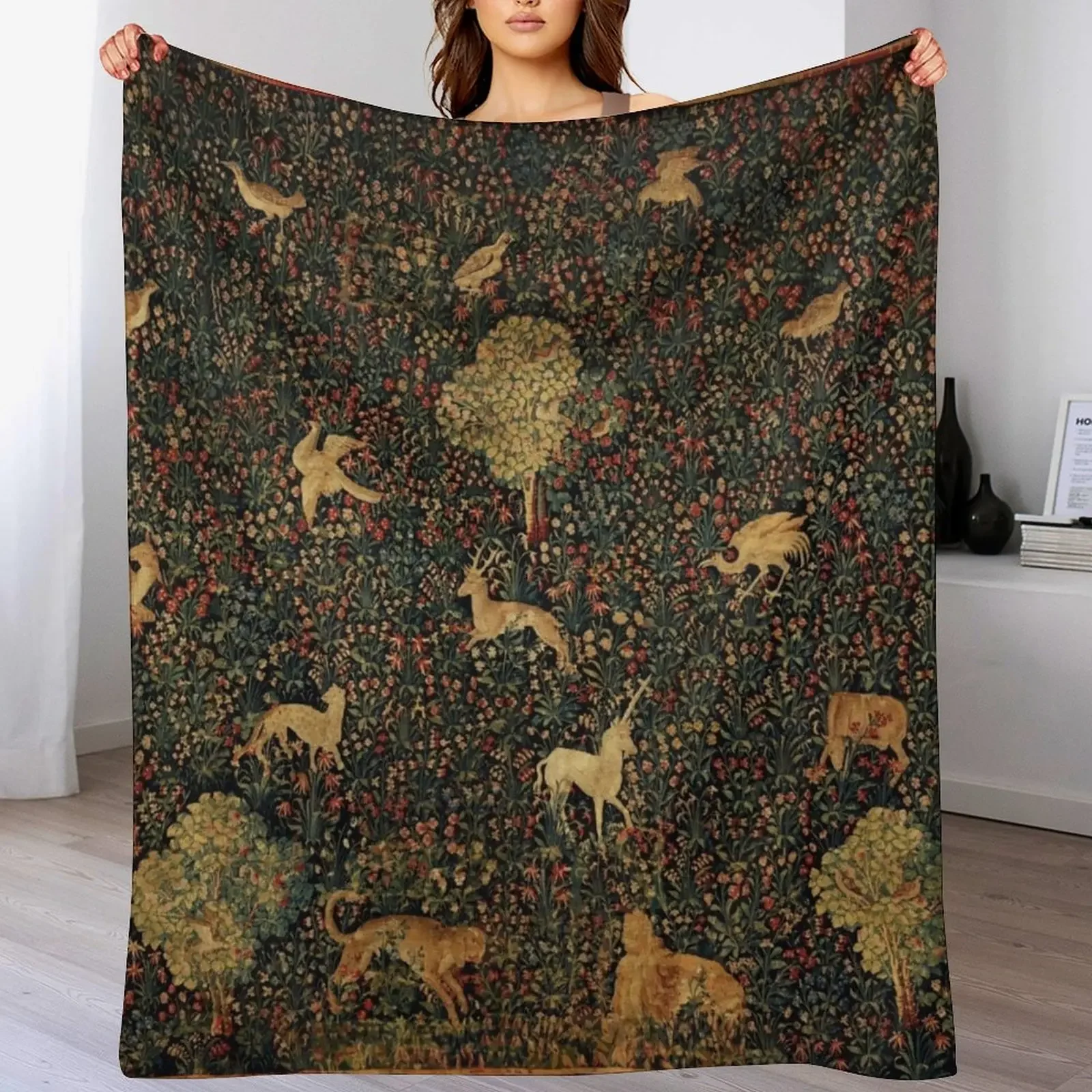 

UNICORN AND MEDIEVAL BESTIARY Millefleurs Red Green Floral Tapestry ,Forest Animals, Throw Blanket Furry Kid'S Blankets