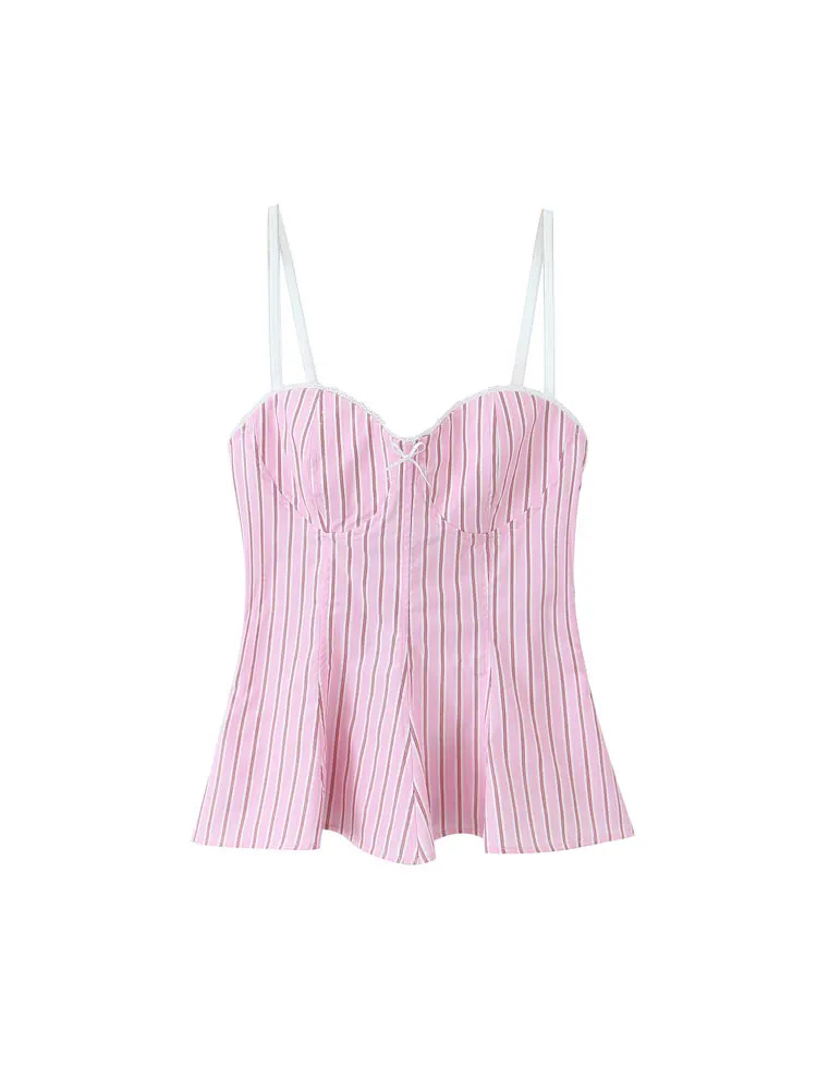 Frauen Mode Gestreiften Schößchen Tank Top Herzförmiger Ausschnitt Dünne Verstellbare Träger Leibchen Weibliche Casual Wear