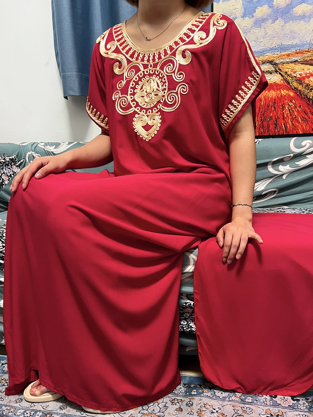 Abayas para mulheres, cor pura, lantejoulas, algodão, gola O, Jilbab, mangas curtas, vestidos africanos, túnica feminina com lenço de cabeça, Islã,