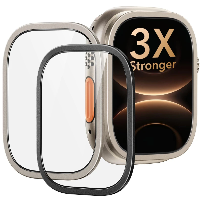 2 Stück gehärtetes Glas für Apple Watch Ultra 4 49 mm, Titan-Metallrahmen, kratzfeste Folie, Displayschutz für iWatch Series Ultra 3 2. – Detail 2