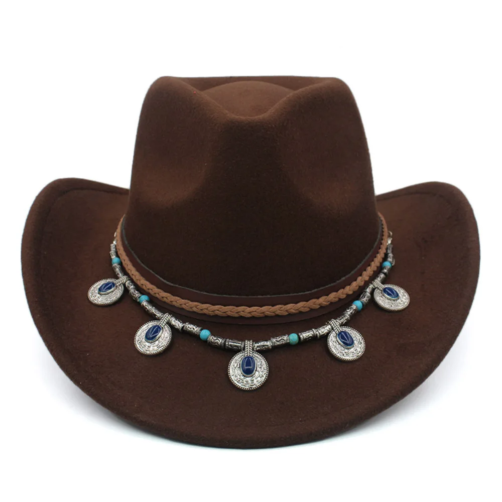 Vintage Black Felt Cowboy Hat Blue Stone Silver Coin Pendant Leather Band Boho Cowgirl Cap Wide Brim Western Rodeo Sombrero