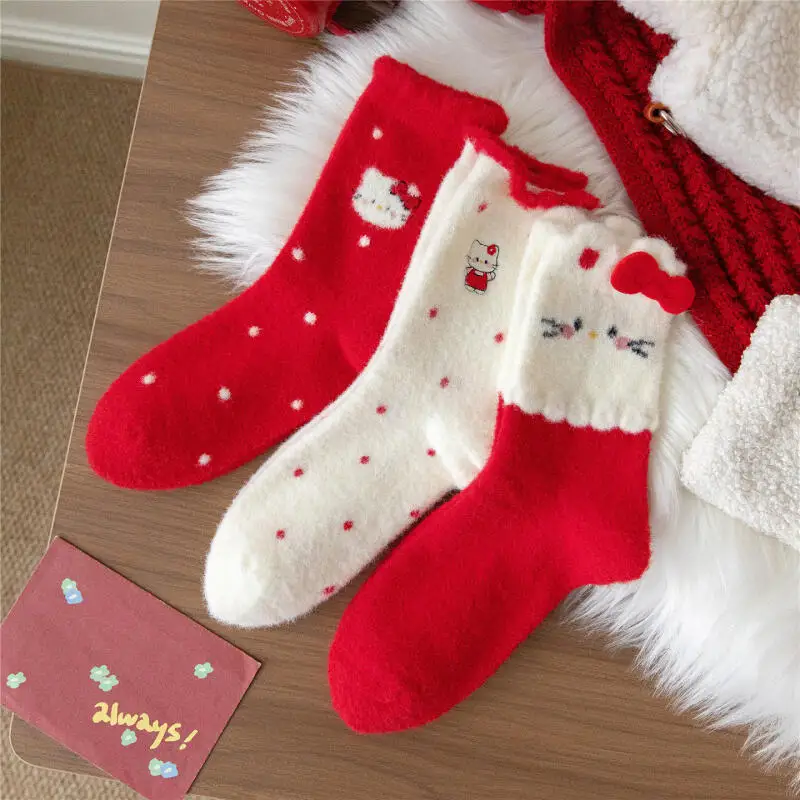 

Sanrio Hello Kitty Christmas Socks Velvet Women's Red Thickened Warm Mid-Calf Socks Girly Heart Cute Home Sleeping Floor Socks