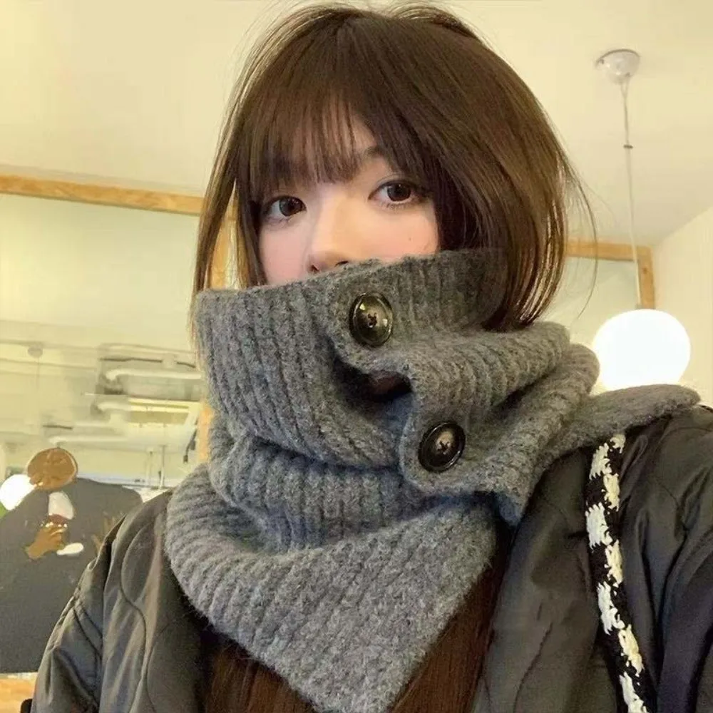 Retro Design Knit Neck Warmer Solid Color Cozy Texture Winter Neck Gaiter Stretchy Fabric Windproof Layer Button Knit Scarf