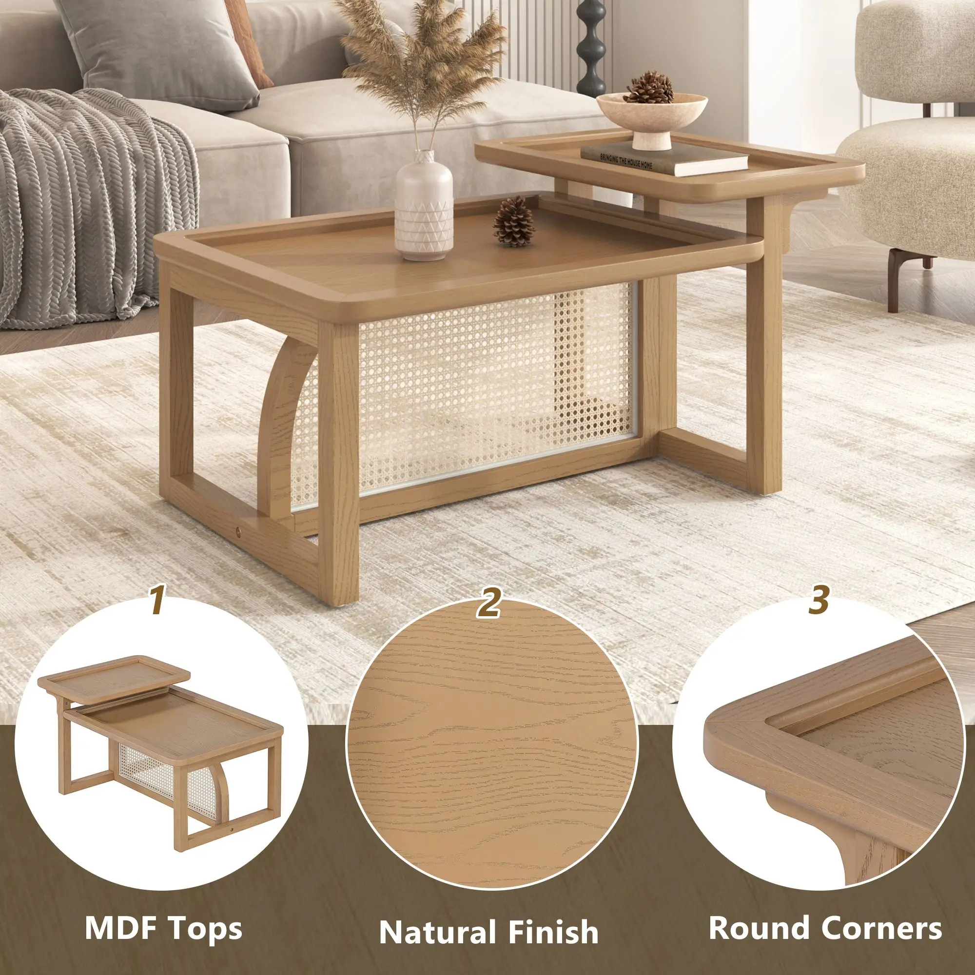 Modern 2 Piece Nesting Rattan Wood+ MDF Coffee Table Set in Natural,Durable and Functional Natural Finish,Café Tables