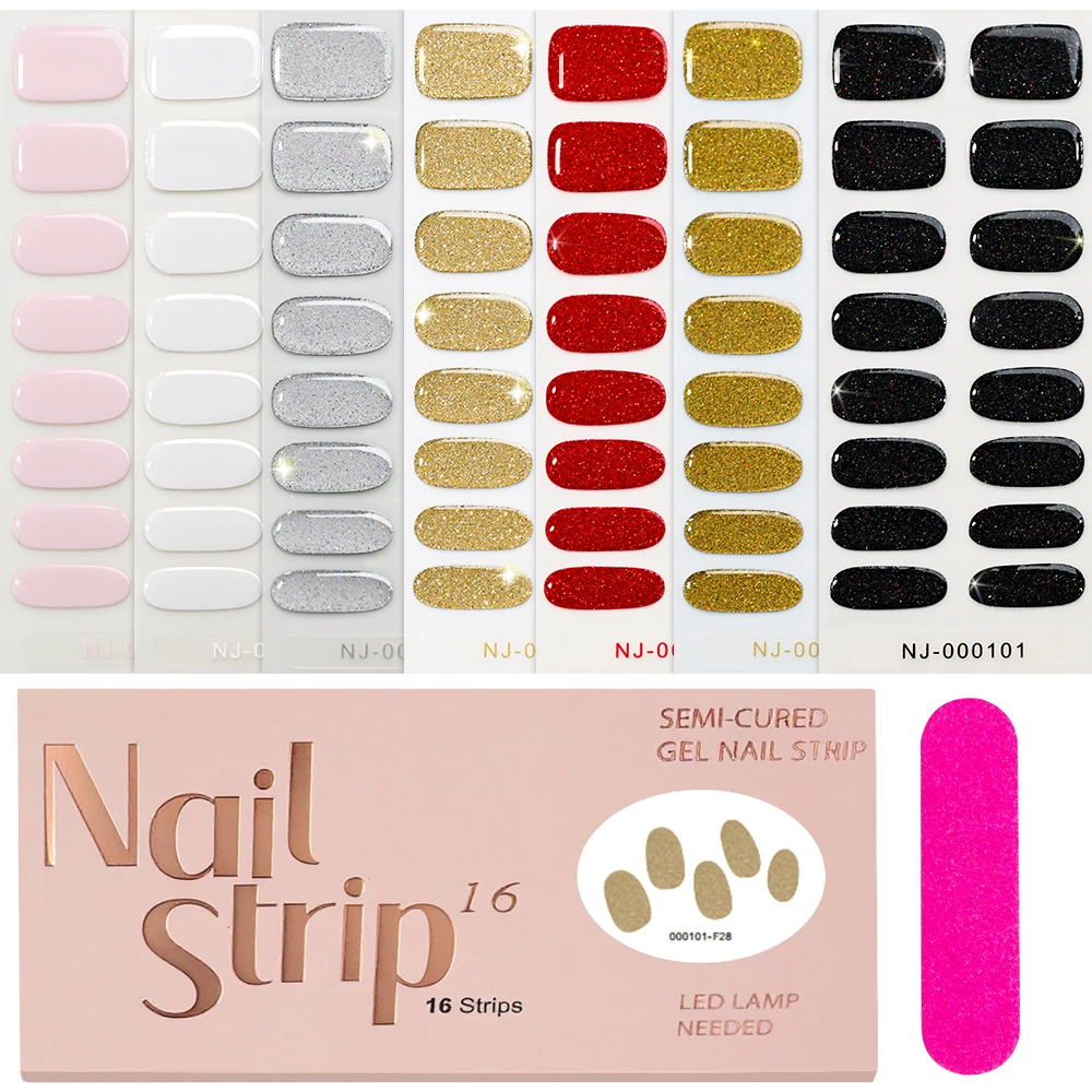 16Tips Black with Glitter Semi-Cured Gel Nail Sticker Foil Full Cover Wrap Gel Adhesive Nail Sticker Long-Lasting Gel Nail Wraps