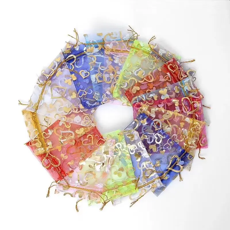 

100PCS Heart shape Drawstring Organza Bags Jewelry Gift Bags Pouches Gold Star Organza Favor Pouches for Christmas Wedding