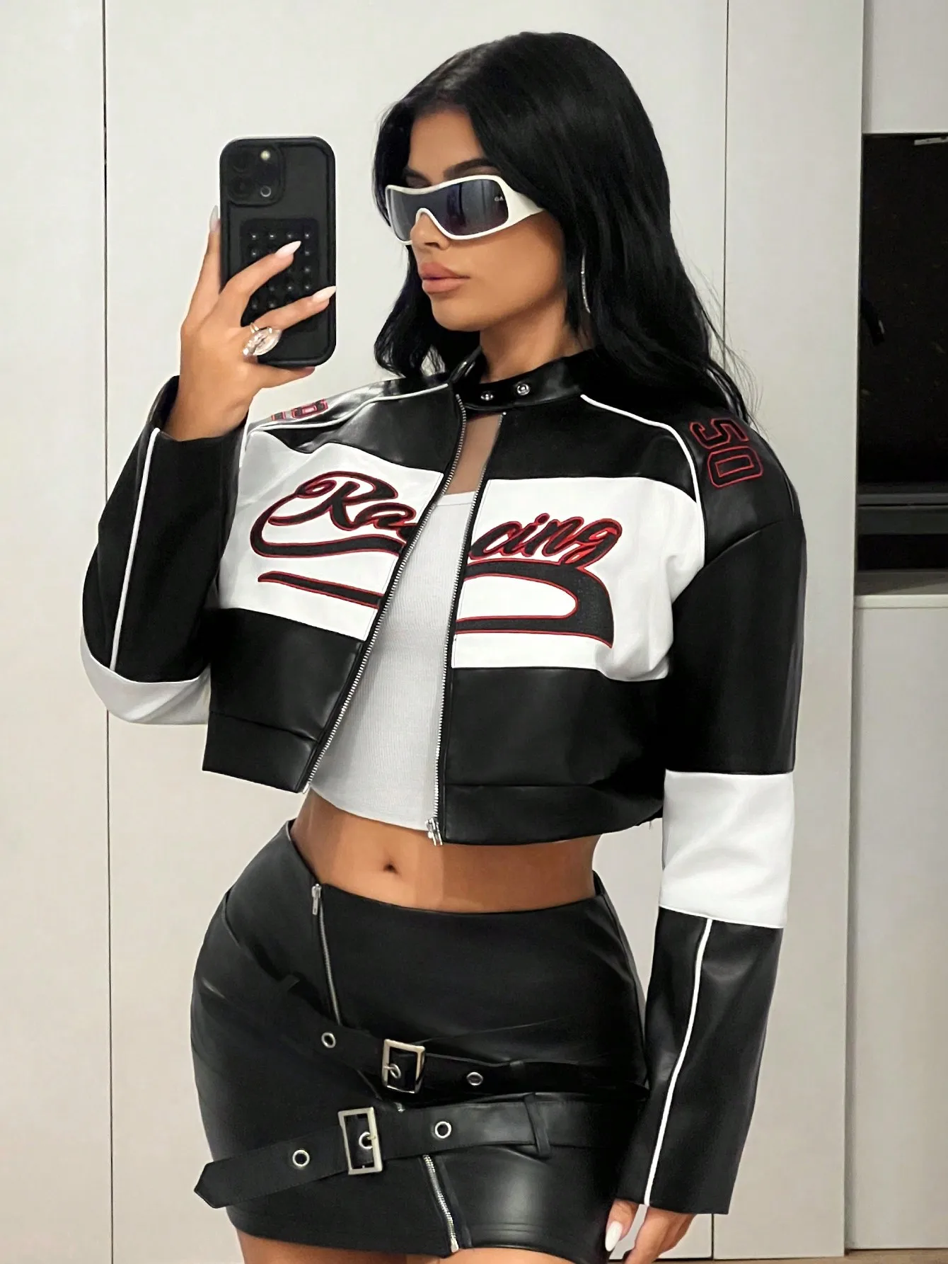 

Women's Cropped Faux Leather Racing-Style Jacket with Zipper and Contrast Panels