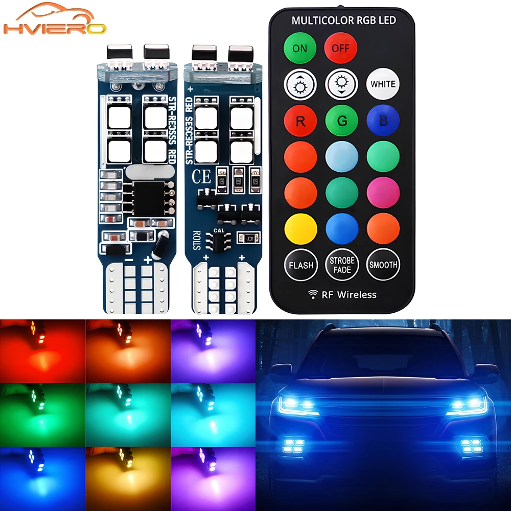 

2 шт. T10 W5W RGB светодиодные лампы с дистанционным управлением 12 В для чтения парковки автомобиля дневные лампы номерные знаки лампы купольные указатели поворота габаритный свет
