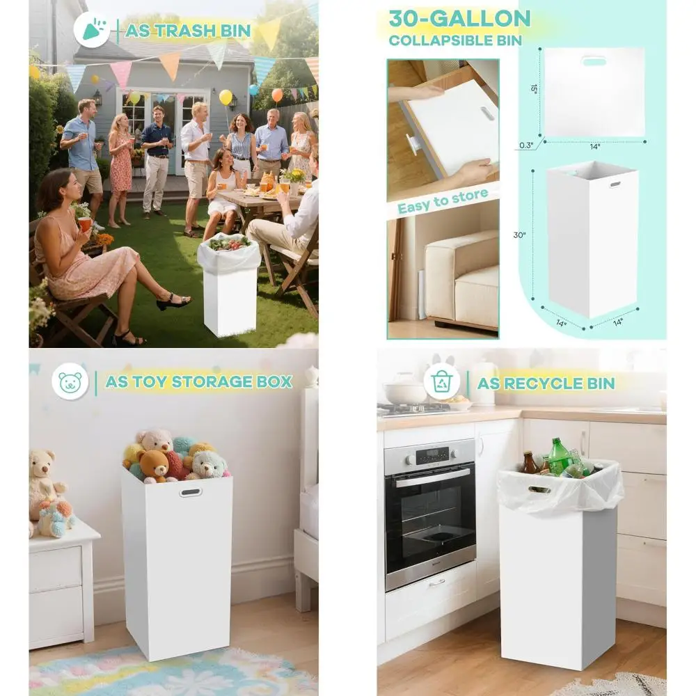 

30 Gallon Collapsible Trash Cans, Disposable Party Bins with Handle, Recycled Cardboard for Events & Camping, White