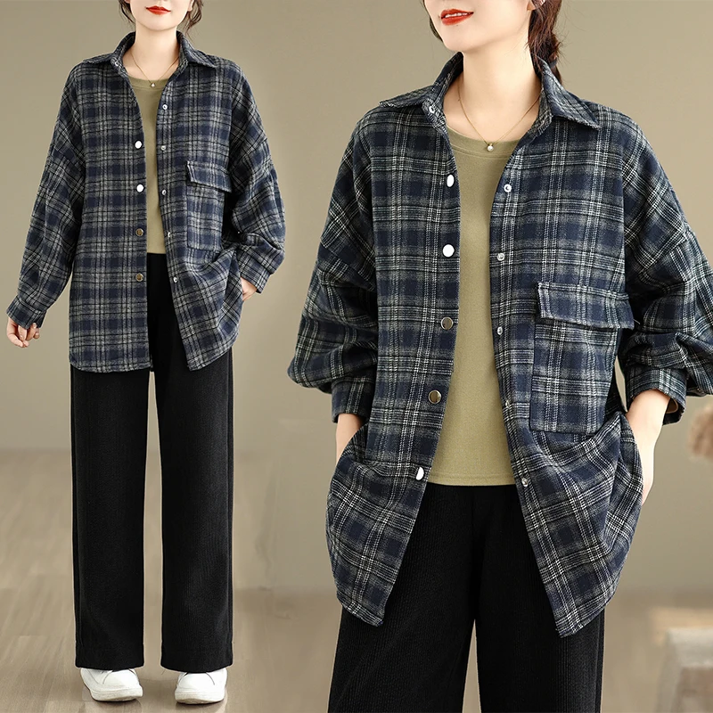 เสื้อคลุมคาร์ดิแกนลายสก็อตแบบหลวมสบาย ติดกระดุมเม็ดเดียว แขนยาว รุ่นใหม่สำหรับผู้หญิง ไซส์พลัส แฟชั่น ผ้าคอตตอนผสม สวมใส่สบาย
