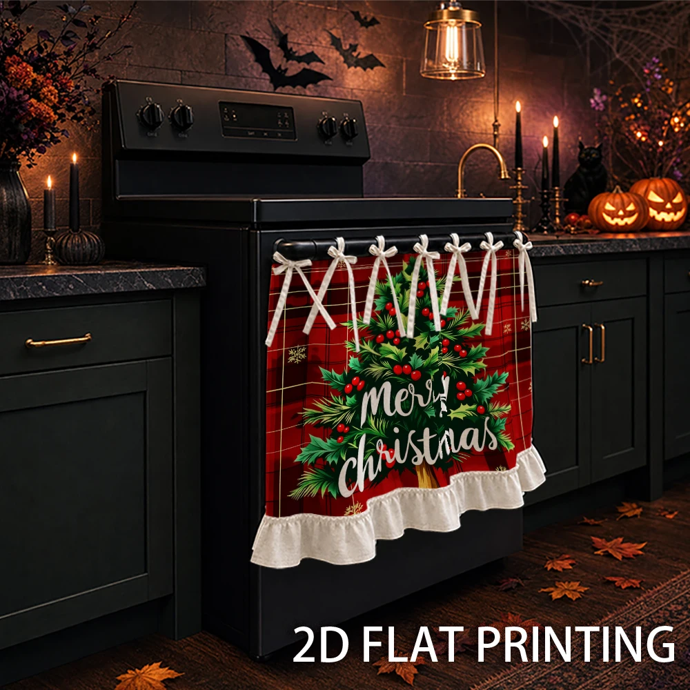 1PC Christmas kitchen stove curtain-cabinet curtain-apron. Christmas tree decorated with Holly berries on a red checked backgrou